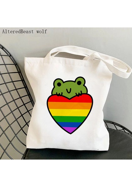 B3158 Kadın Alışveriş Çantası Gökkuşağı Gurur Kurbağa Baskılı Kawaii Çanta Harajuku Alışveriş Kanvas Alışveriş Çantası Kız Çanta Tote Omuz Bayan Çantası (Yurt Dışından) fiyatları