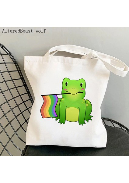 B3158 Kadın Alışveriş Çantası Gökkuşağı Gurur Kurbağa Baskılı Kawaii Çanta Harajuku Alışveriş Kanvas Alışveriş Çantası Kız Çanta Tote Omuz Bayan Çantası (Yurt Dışından) fırsatları