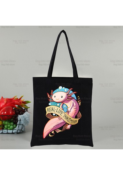 D Axolotl Sevimli Karikatür Harajuku Tuval Kadın Ulzzang Siyah Büyük Kapasiteli Rahat Moda Hayvan Kawaii Omuz Çantaları (Yurt Dışından)