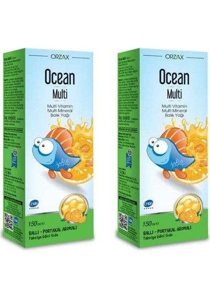 Ocean Orza x Multi Ballı-Portakal Aromalı Şurup Multi Vitamin Multi Mineral Balık Yağı | 150 Ml (2 Adet)