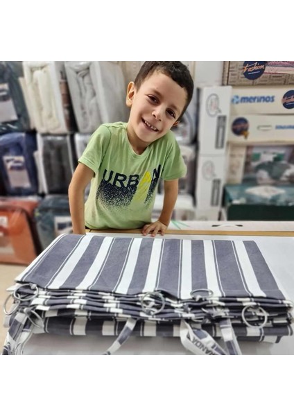 Lüks 1.Sınıf Eleganse Antrasit-Gri Çizgili Halkalı Balkon Perdesi