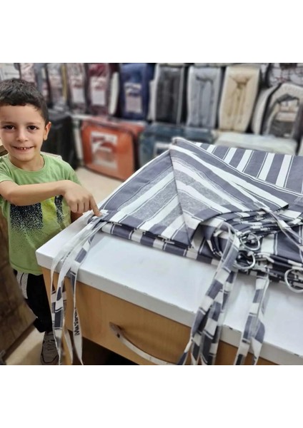 Lüks 1.Sınıf Eleganse Antrasit-Gri Çizgili Halkalı Balkon Perdesi fiyatları