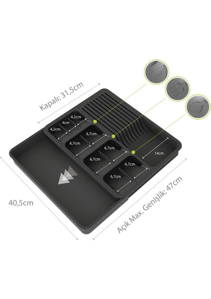 Genişleyebilir Çekmece Içi Düzenleyici Ayarlanabilir Kaşıklık ve Bıçaklık Seti modelleri