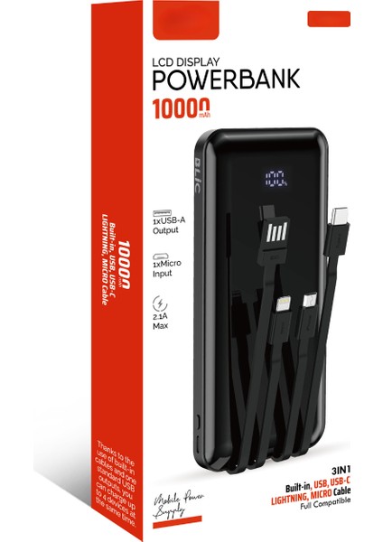 10.000 Mah Powerbank Dahili Çoklu Kablolu Type-C/light/micro Girişli