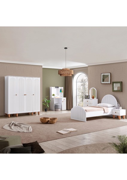 Bohem Genç Odası Takımı - 4 Kapaklı Dolap, Karyola, Komodin, Şifonyer, Çalışma Masası
