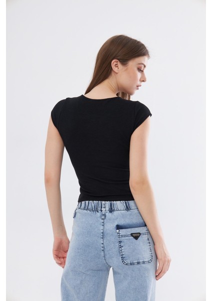 Kadın Siyah Dar Kalıp Crop T-Shirt - Citcit fırsatları