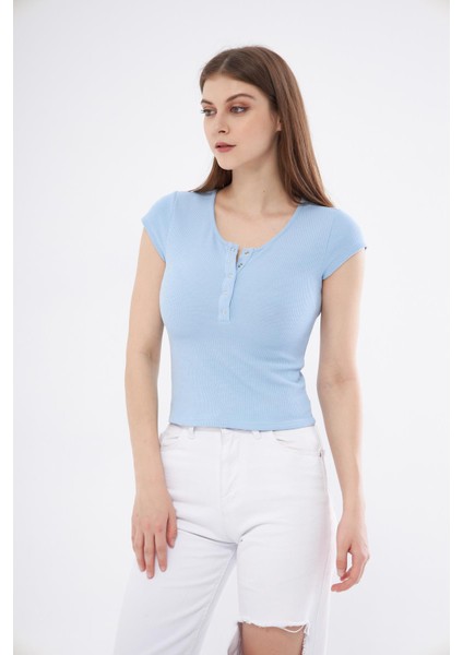 Kadın Mavi Dar Kalıp Crop T-Shirt - Citcit fiyatları