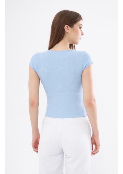 Kadın Mavi Dar Kalıp Crop T-Shirt - Citcit fırsatları