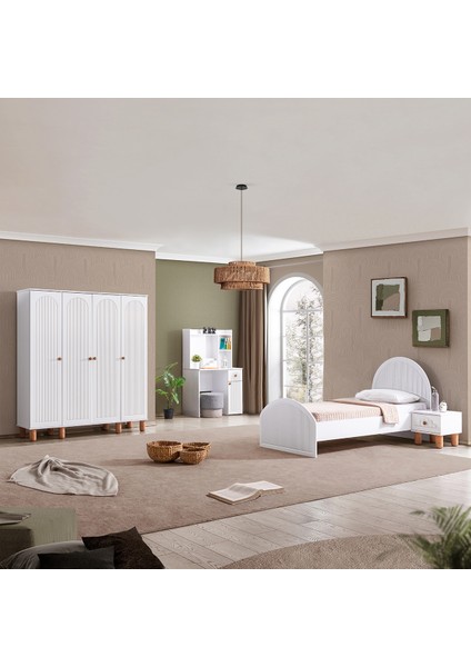 Bohem Genç Odası Takımı - 4 Kapaklı Dolap, Karyola, Komodin, Çalışma Masası