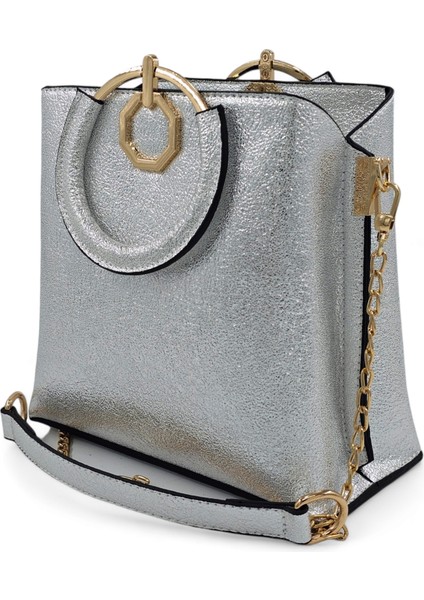 Gümüş Rengi Halka Kulplu Zincirli El ve Omuz Kadın Çantası modelleri