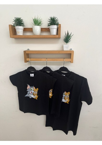 Transfer Baskılı Tom ve Jerry Siyah T-Shirt