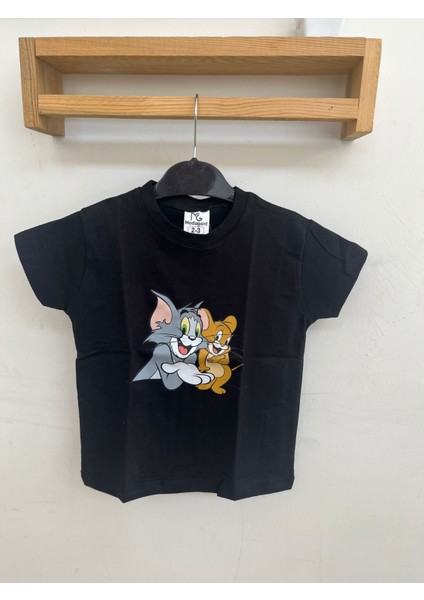 Transfer Baskılı Tom ve Jerry Siyah T-Shirt
