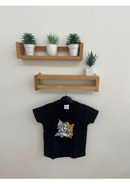 Transfer Baskılı Tom ve Jerry Siyah T-Shirt