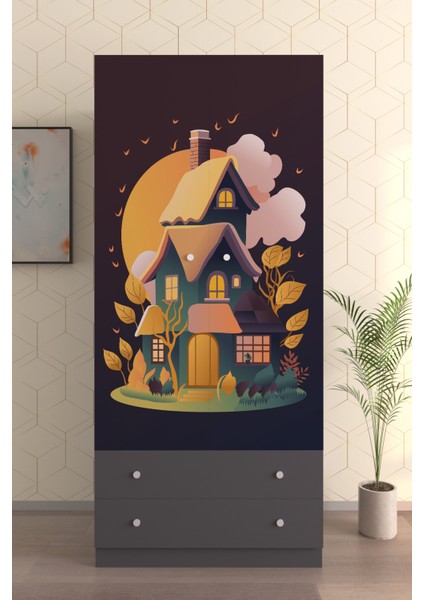 Çocuk Odası 2 Kapaklı Dream House Gardırop 5 Raflı 2 Çekmeceli Askılı Elbise Dolabı