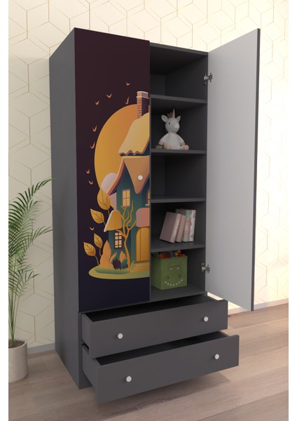 Çocuk Odası 2 Kapaklı Dream House Gardırop 5 Raflı 2 Çekmeceli Askılı Elbise Dolabı modelleri