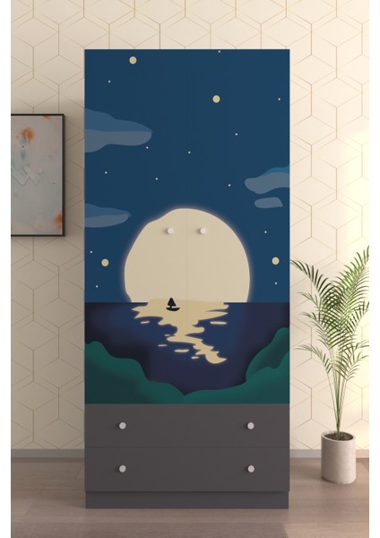 Çocuk Odası 2 Kapaklı Full Moon Gardırop 5 Raflı 2 Çekmeceli Askılı Elbise Dolabı