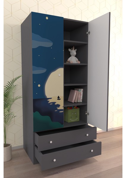 Çocuk Odası 2 Kapaklı Full Moon Gardırop 5 Raflı 2 Çekmeceli Askılı Elbise Dolabı modelleri