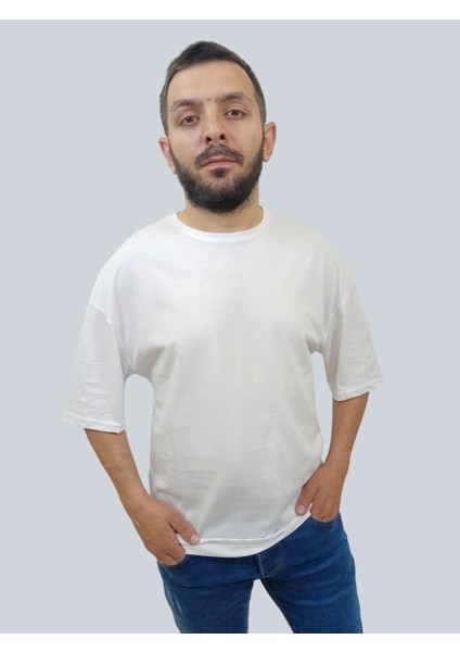 Daniel Milano Erkek Plain Oversize Bisiklet Yaka Beyaz Tişört