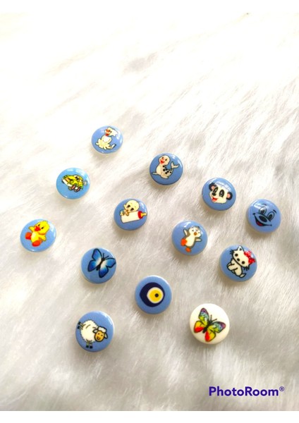 60 Adet 15 Mm Yuvarlak Mavi Karışık Sevimli Desenli Düğme