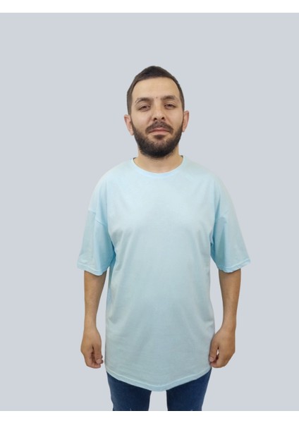 Erkek Plain Oversize Bisiklet Yaka Buz Mavi Tişört