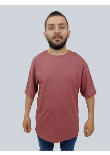 Erkek Plain Oversize Bisiklet Yaka Gül Kurusu Tişört