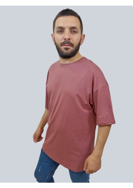 Erkek Plain Oversize Bisiklet Yaka Gül Kurusu Tişört