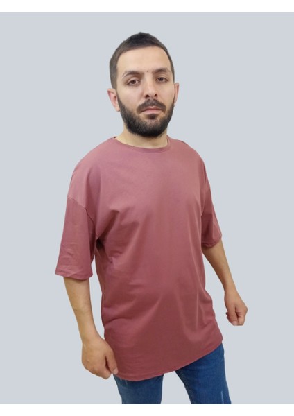 Erkek Plain Oversize Bisiklet Yaka Gül Kurusu Tişört