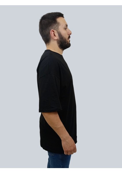 Erkek Plain Oversize Bisiklet Yaka Siyah Tişört