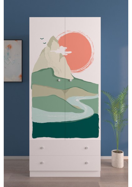 Çocuk Odası 2 Kapaklı Sunset Gardırop 5 Raflı 2 Çekmeceli Askılı Elbise Dolabı