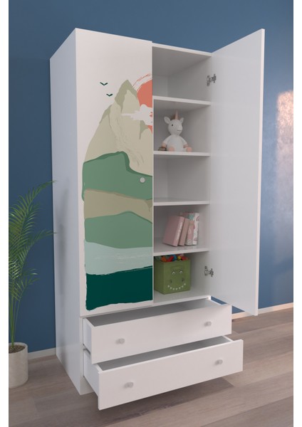 Çocuk Odası 2 Kapaklı Sunset Gardırop 5 Raflı 2 Çekmeceli Askılı Elbise Dolabı modelleri