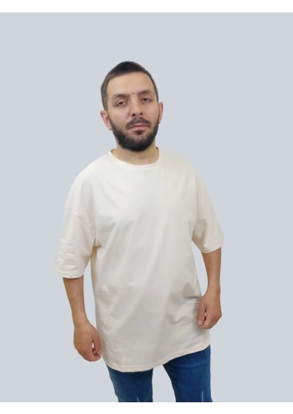 Daniel Milano Erkek Plain Oversize Bisiklet Yaka Krem Tişört