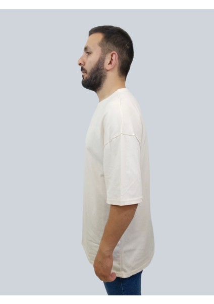 Daniel Milano Erkek Plain Oversize Bisiklet Yaka Krem Tişört