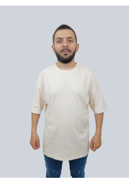 Erkek Plain Oversize Bisiklet Yaka Krem Tişört