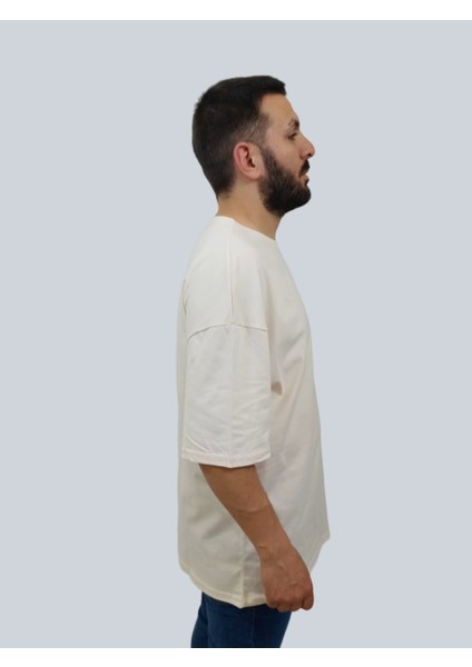 Erkek Plain Oversize Bisiklet Yaka Krem Tişört modelleri