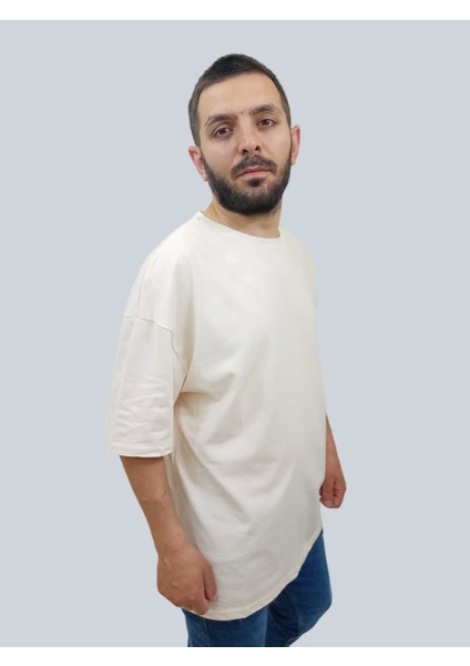 Erkek Plain Oversize Bisiklet Yaka Krem Tişört indirimleri
