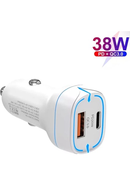 38W PD20W + Qc3.0 USB Hızlı Fast Araç Çakmaklık Şarjı USB Type-C Bir Arada