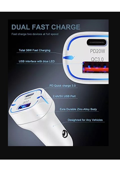 38W PD20W + Qc3.0 USB Hızlı Fast Araç Çakmaklık Şarjı USB Type-C Bir Arada