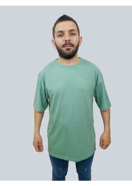 Erkek Plain Oversize Bisiklet Yaka Mint Yeşili Tişört