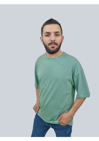 Erkek Plain Oversize Bisiklet Yaka Mint Yeşili Tişört fiyatları