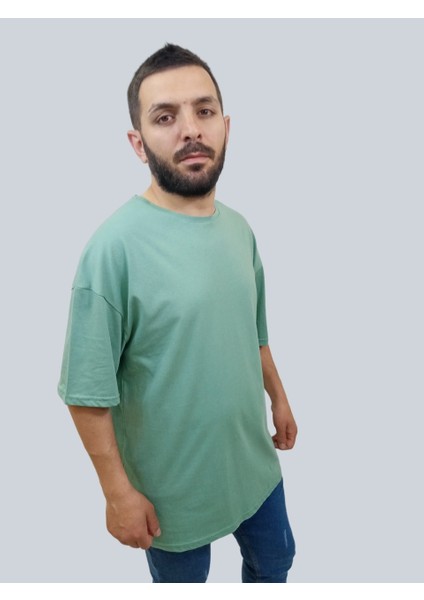 Erkek Plain Oversize Bisiklet Yaka Mint Yeşili Tişört modelleri