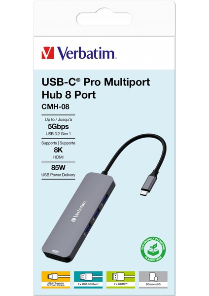 Verbatım 32151 Usb-C Pro 8 Port Çok Bağlantılı Hub Cmh-08