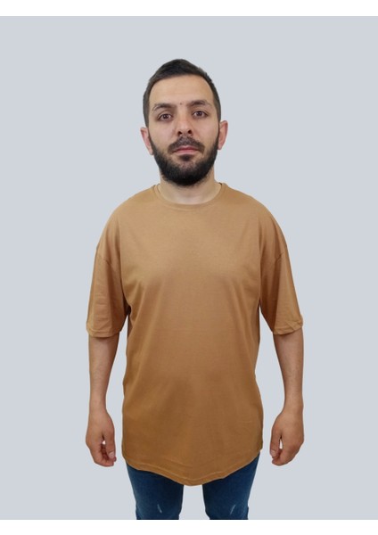Erkek Plain Oversize Bisiklet Yaka Kahverengi Tişört