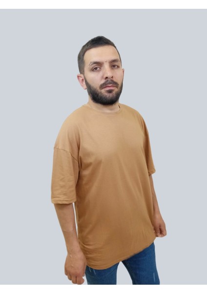 Erkek Plain Oversize Bisiklet Yaka Kahverengi Tişört