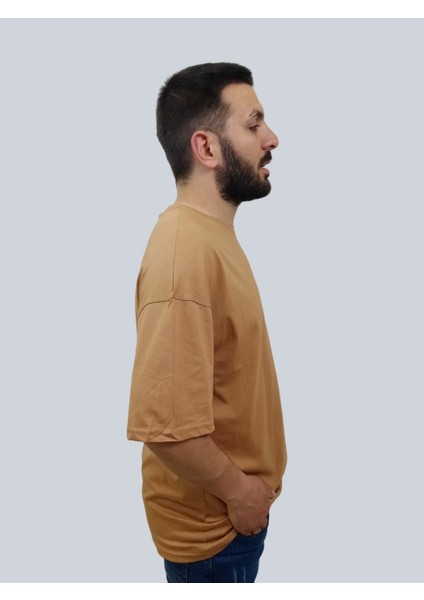 Erkek Plain Oversize Bisiklet Yaka Kahverengi Tişört