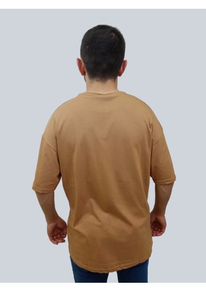 Erkek Plain Oversize Bisiklet Yaka Kahverengi Tişört