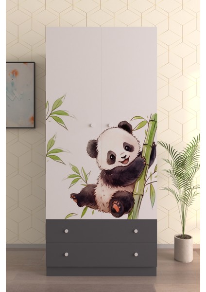 Çocuk Odası 2 Kapaklı Bamboo Gardırop 5 Raflı 2 Çekmeceli Askılı Elbise Dolabı