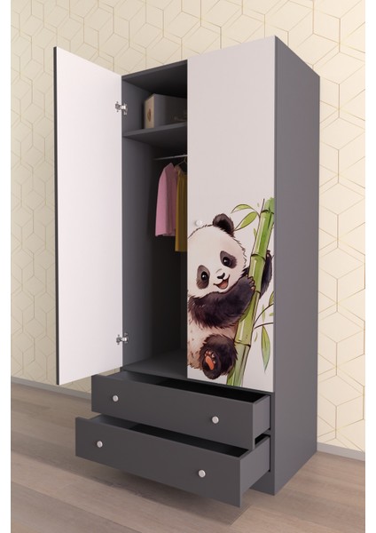 Çocuk Odası 2 Kapaklı Bamboo Gardırop 5 Raflı 2 Çekmeceli Askılı Elbise Dolabı fiyatları