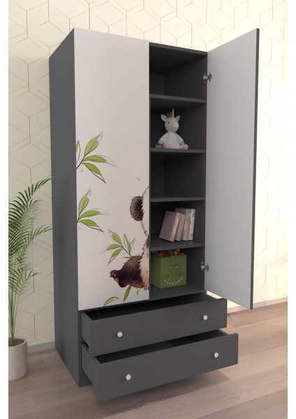 Çocuk Odası 2 Kapaklı Bamboo Gardırop 5 Raflı 2 Çekmeceli Askılı Elbise Dolabı modelleri