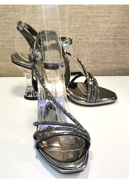 103 Kadın Taşlı 0,5 mm Platform 9 cm Şeffaf Kadeh Ökçe Açık Abiye Ayakkabı Platin