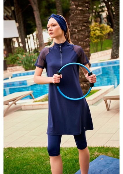 Likralı Lacivert Taytlı Yarı Kapalı Mayo M2449